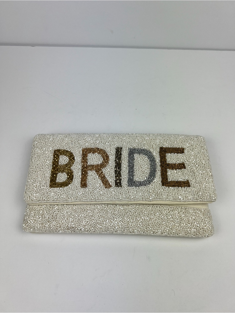 Hand Made Bride To Be Ivory Clutch Bag Handcrafted Beaded 100% Cotton Gold Strap